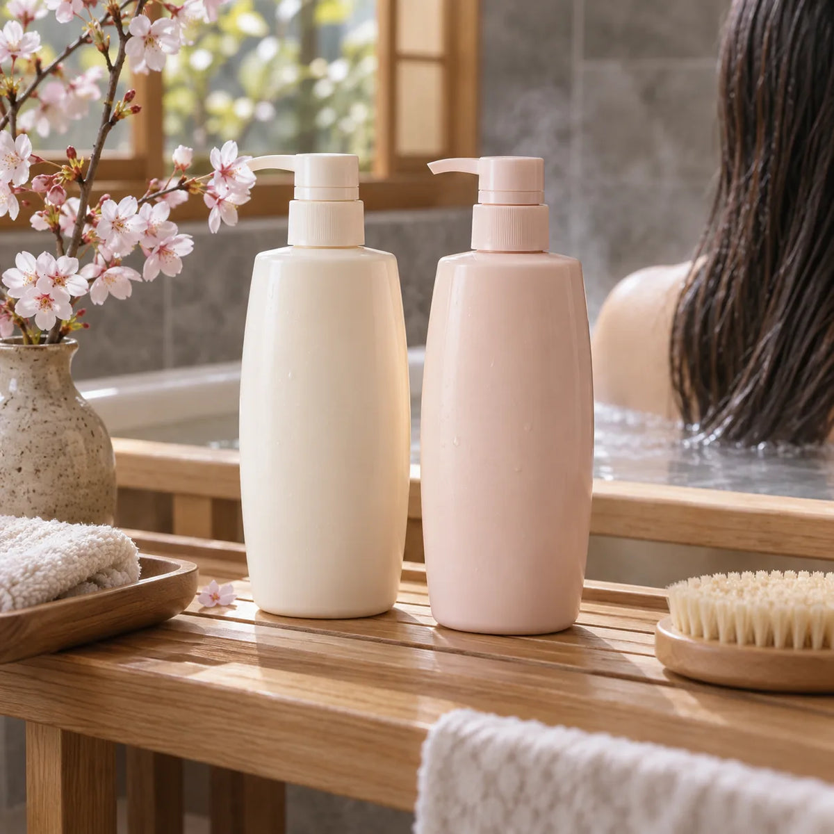 Unbranded shampoo and conditioner bottles on a Japanese bath shelf with cherry blossoms