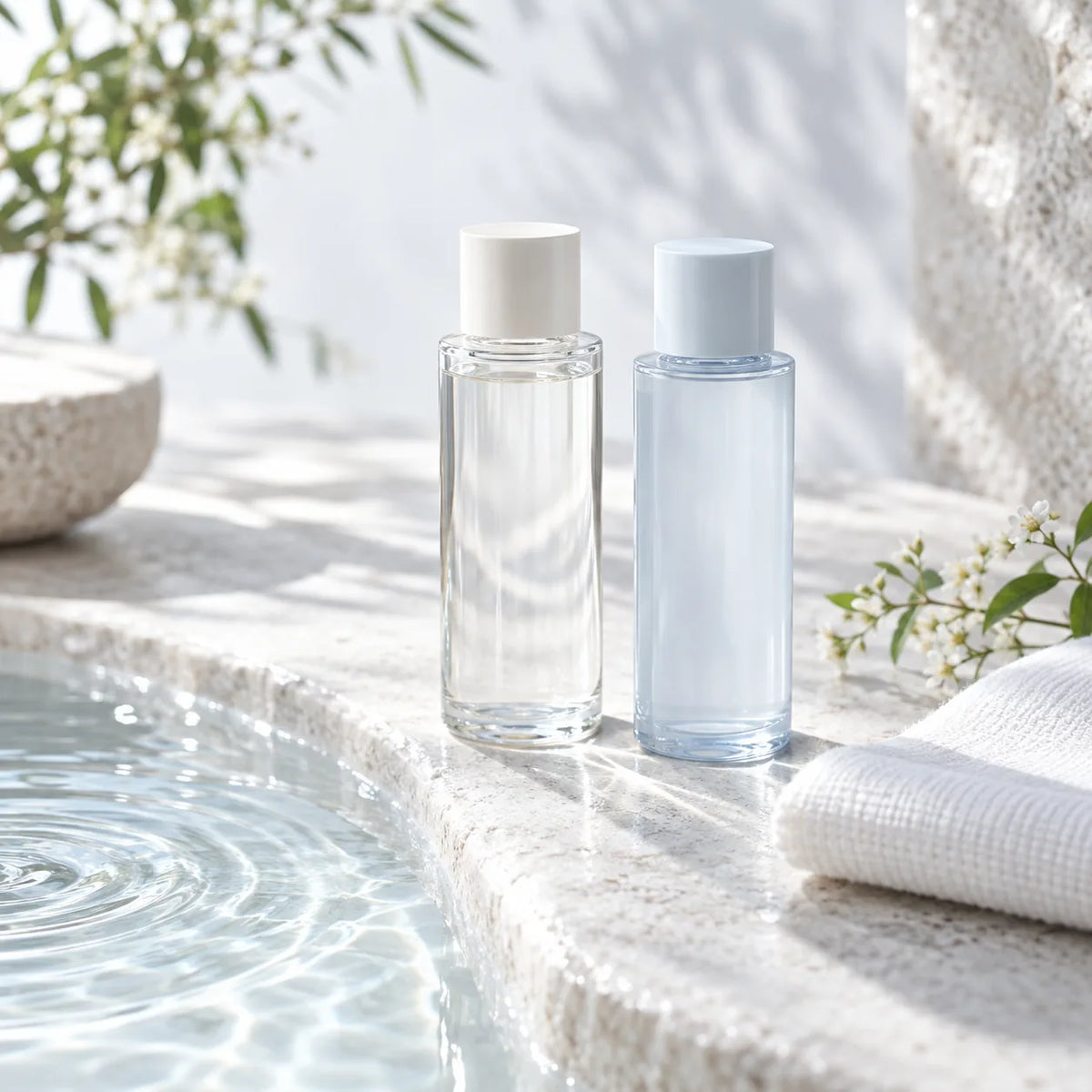 Minimalist skincare still life with clear and pale-blue hydration bottles beside water and cotton