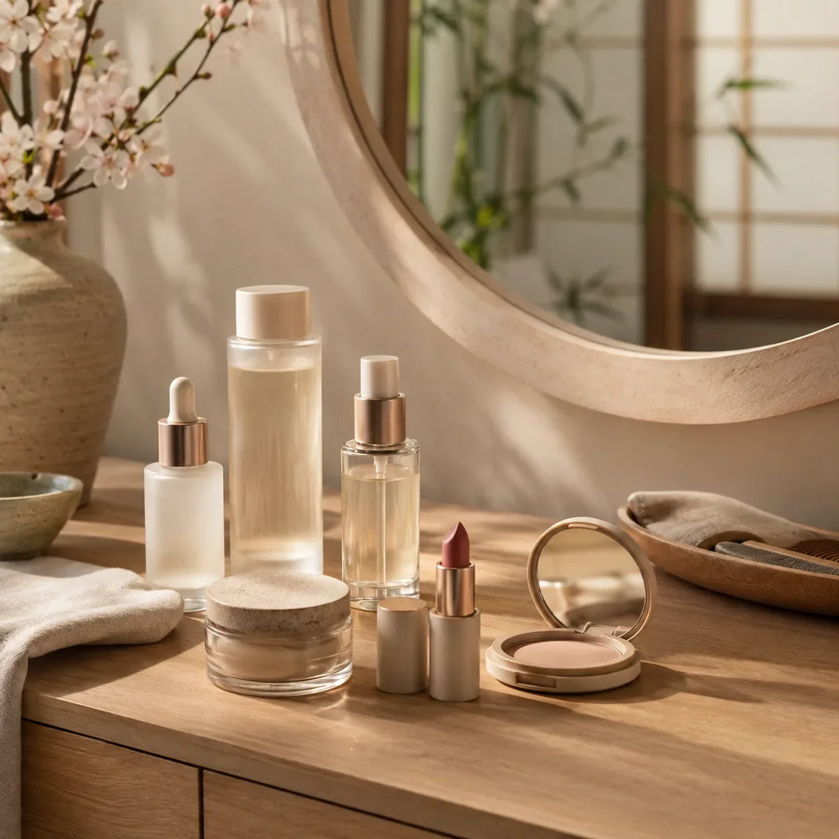Japanese-inspired beauty routine with skincare and makeup on a wooden vanity