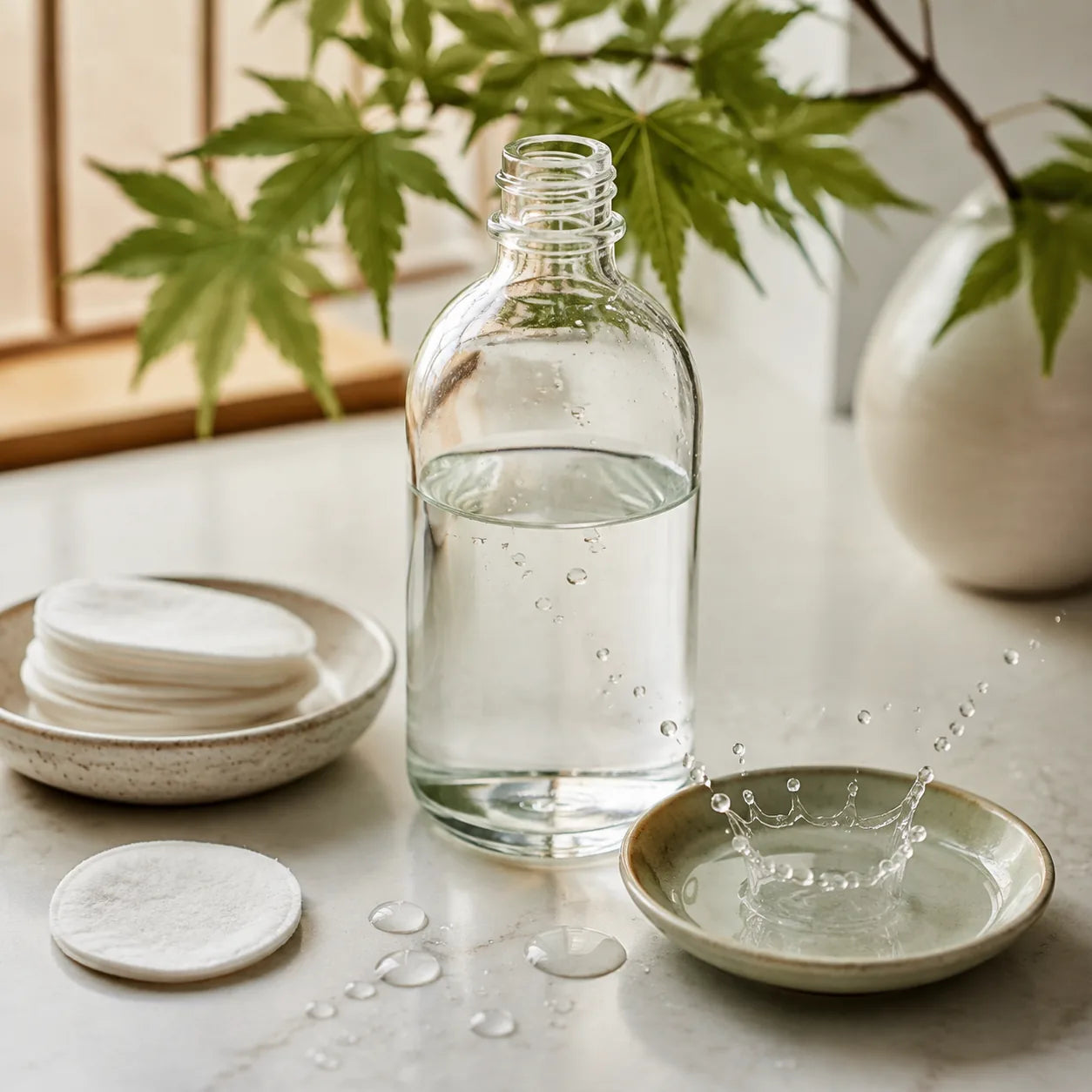 Balanced toner scene with cotton pads and clear skincare bottle