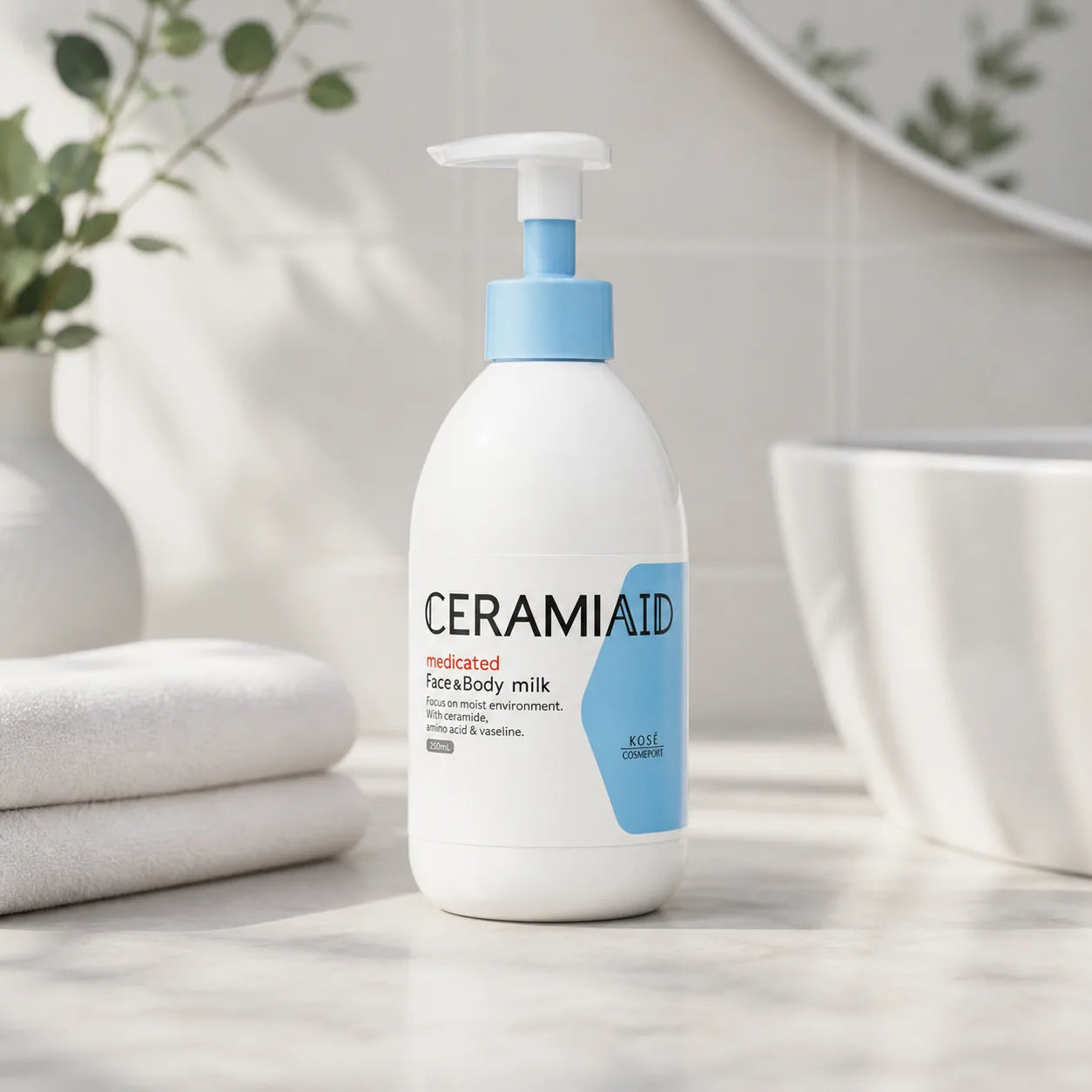 Kose Ceramiaid Medicated Face and Body milk in a calm skincare setting