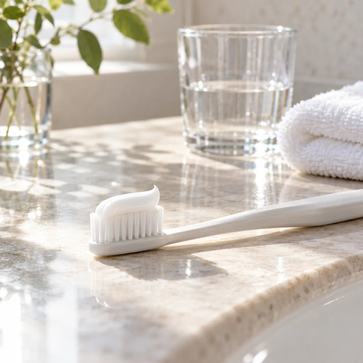 Toothbrush and toothpaste beside a glass of water on a bright bathroom counter