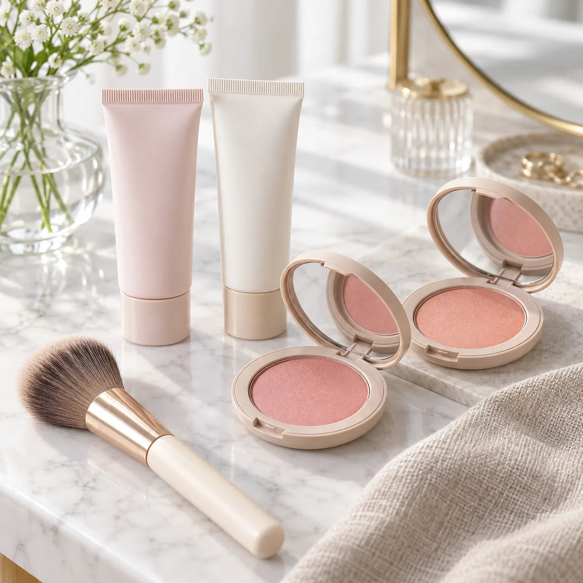 Generic primer tubes and blush compacts arranged on a bright makeup vanity
