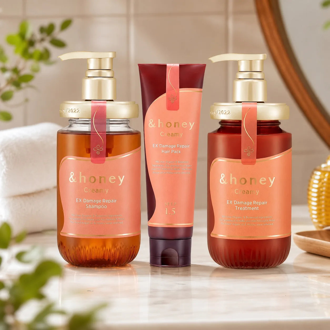 & Honey Creamy EX Damage Repair hair-care set in a polished editorial scene