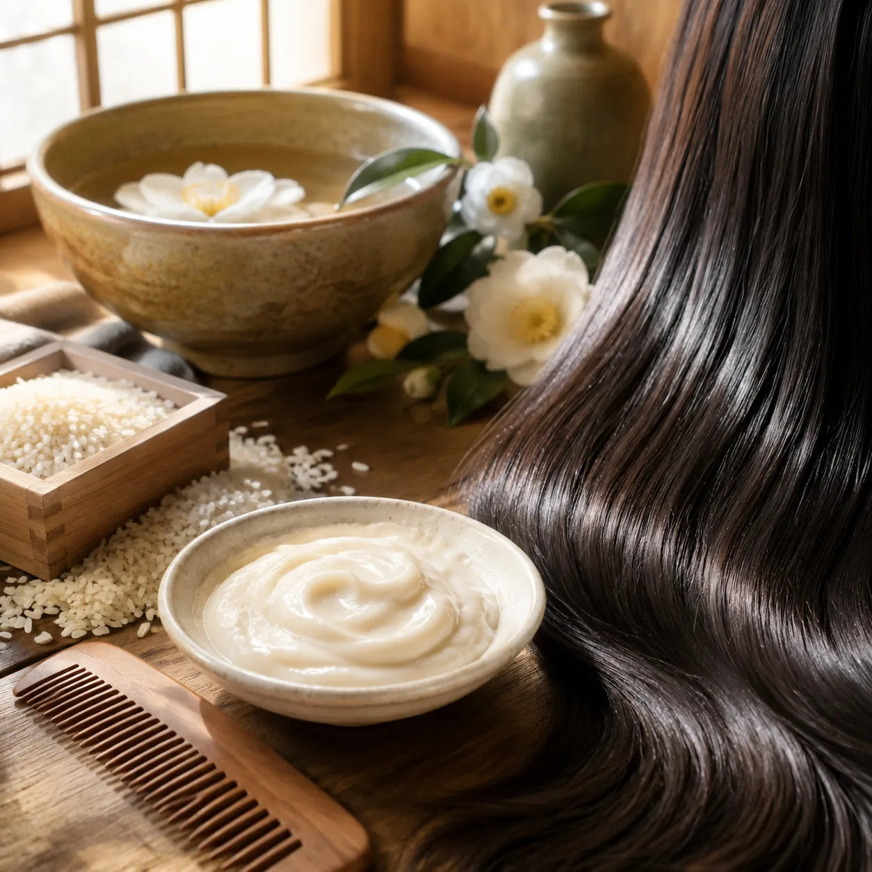 Ichikami hair mask editorial scene with rice, camellia flowers, and glossy hair