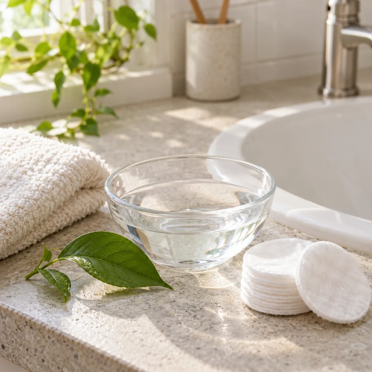 Simple skincare routine scene with a water bowl, cotton pads, and towel on a bright vanity