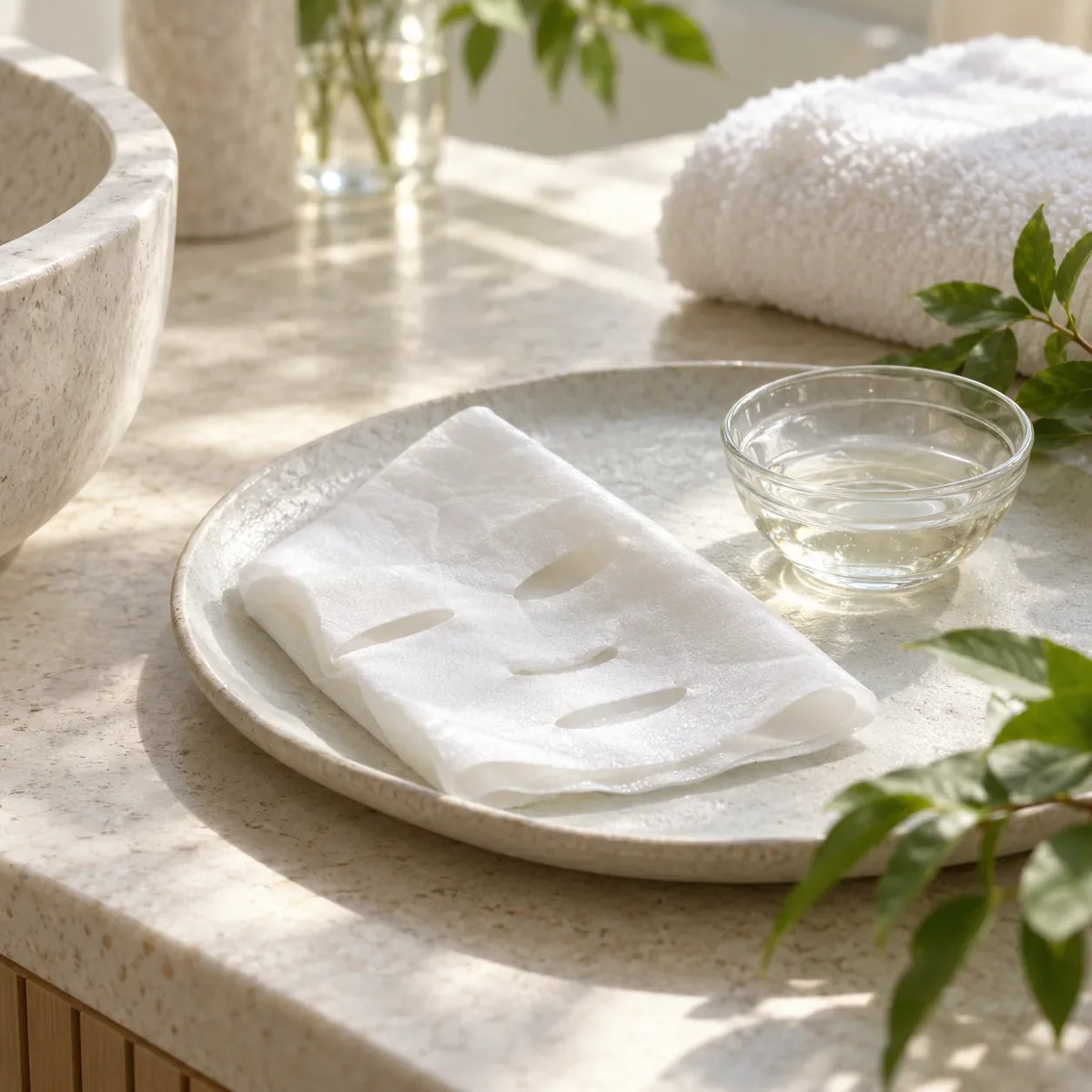 Folded white sheet mask on a ceramic tray in a calm, sunlit bathroom