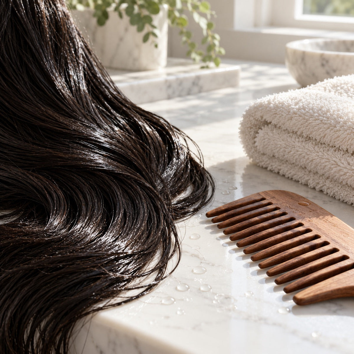 Glossy dark hair beside a wooden comb in a bright, calm bathroom setting.