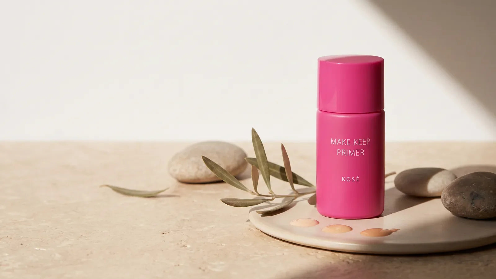 Kose Make Keep Primer in a warm editorial makeup setting