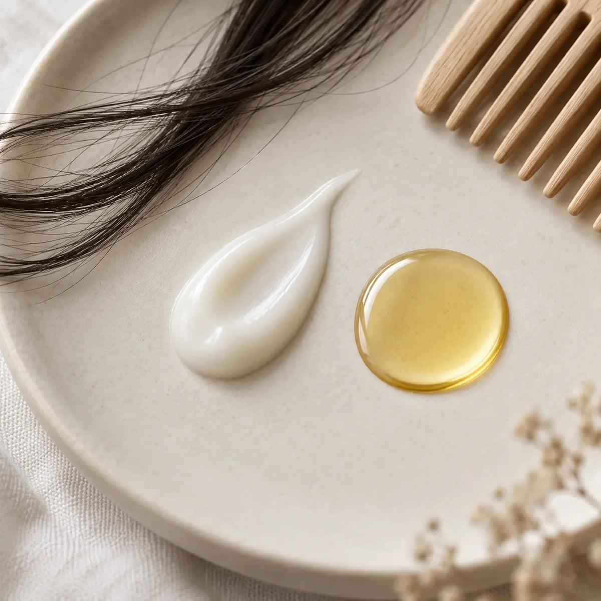 A hair milk cream and a clear oil drop on ceramic beside a comb.