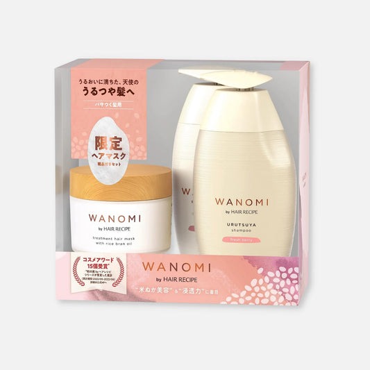 Wanomi Urutsuya Moisturizing Shampoo, Treatment & Hair Mask Set 350ml Each + 170g - Buy Me Japan