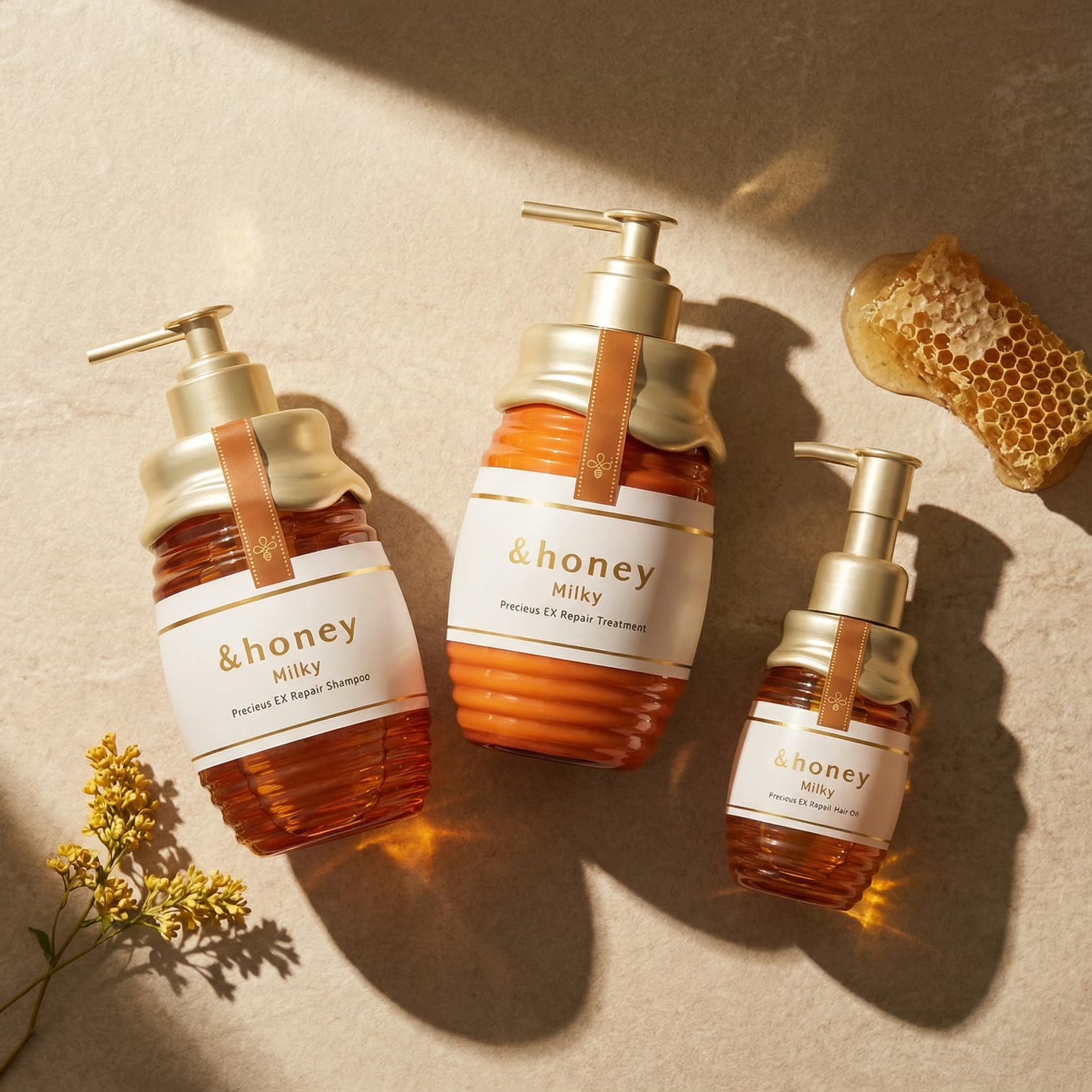 & Honey Milky Precious EX Repair Shampoo, Treatment & Hair Oil Set (500ml x2 + 105ml)