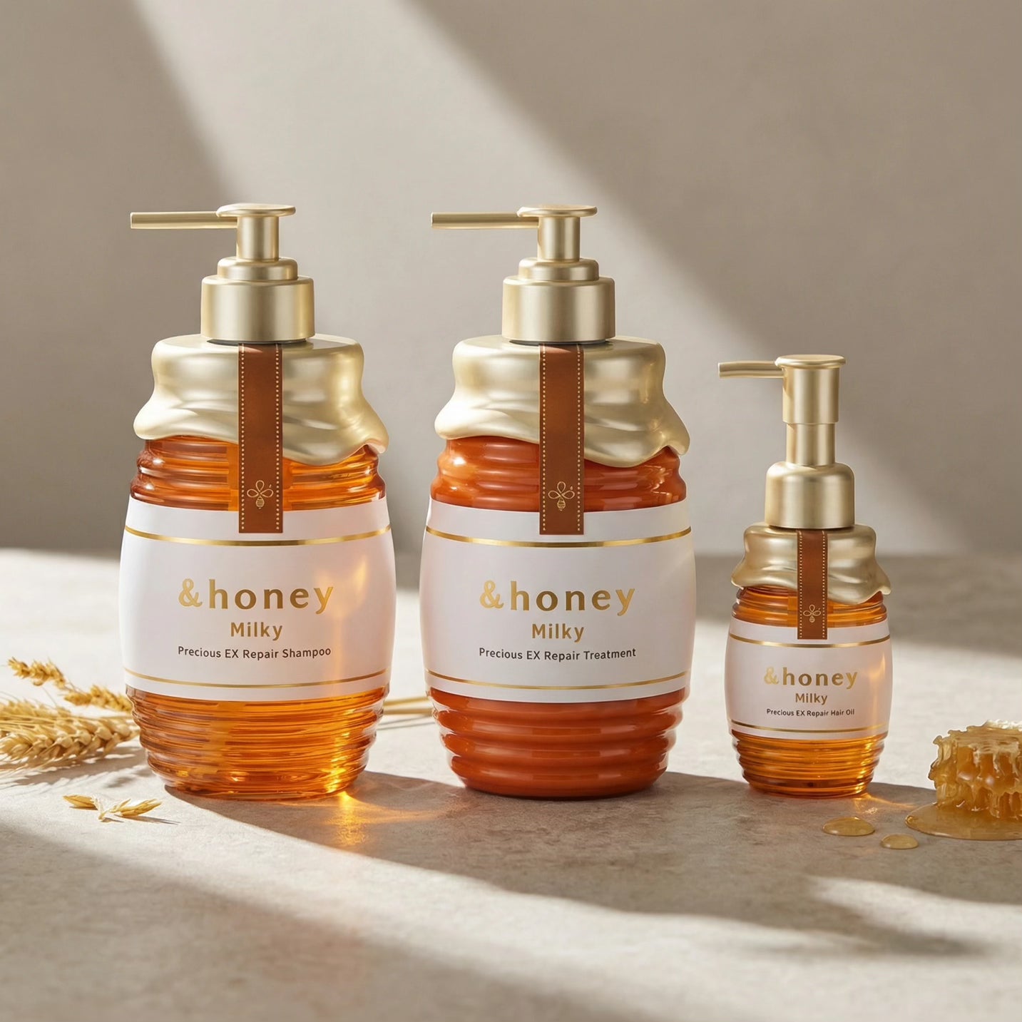 & Honey Milky Precious EX Repair Shampoo, Treatment & Hair Oil Set (500ml x2 + 105ml)