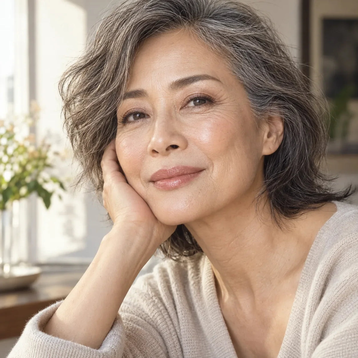 Confident mature woman wearing soft everyday makeup in natural window light