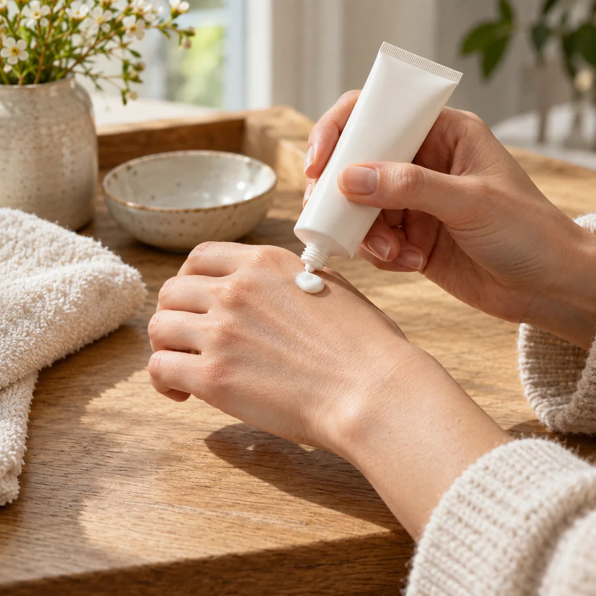 Hands applying cream beside a clean towel in a calm bathroom setting