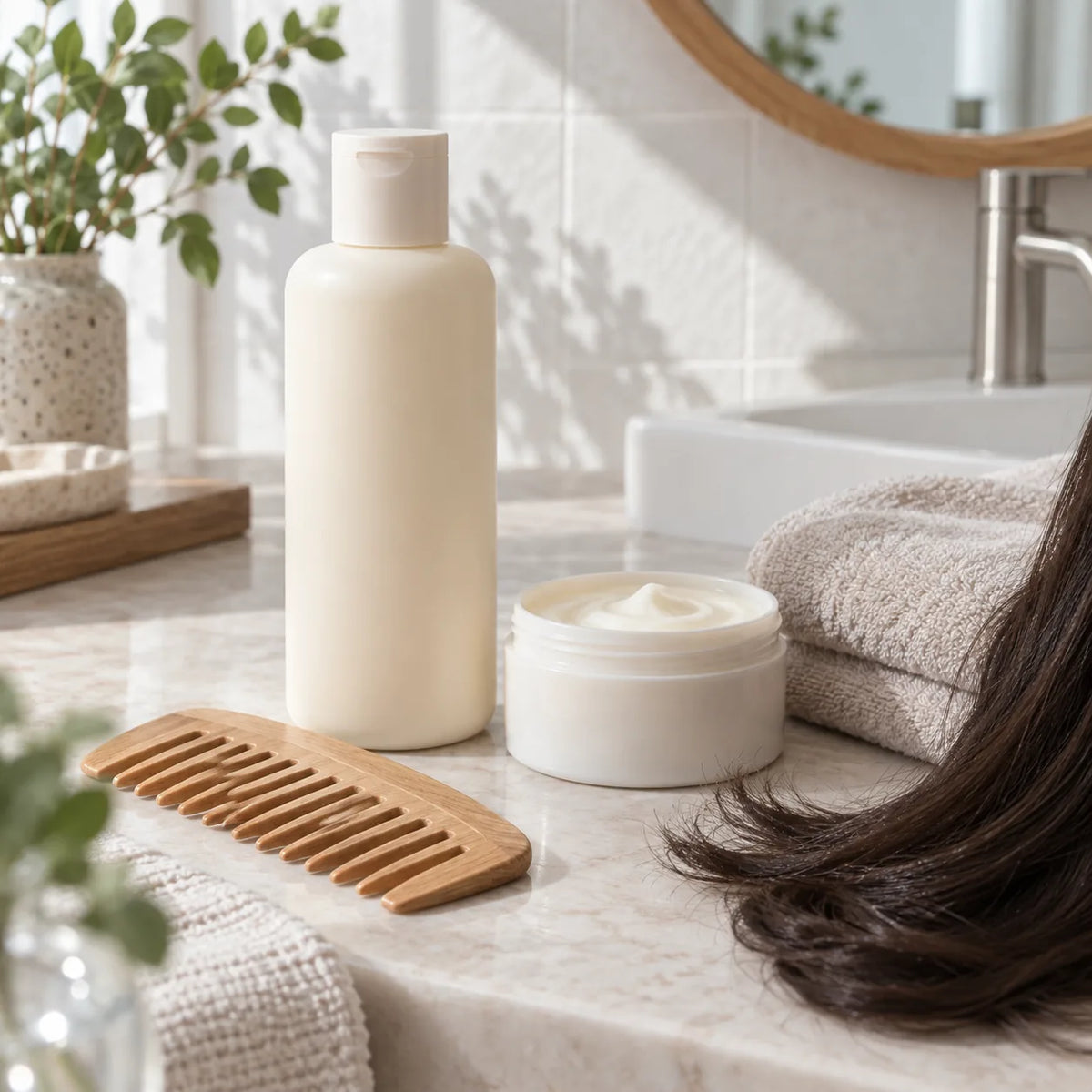 Unbranded conditioner bottle and hair treatment jar beside a comb and folded towel