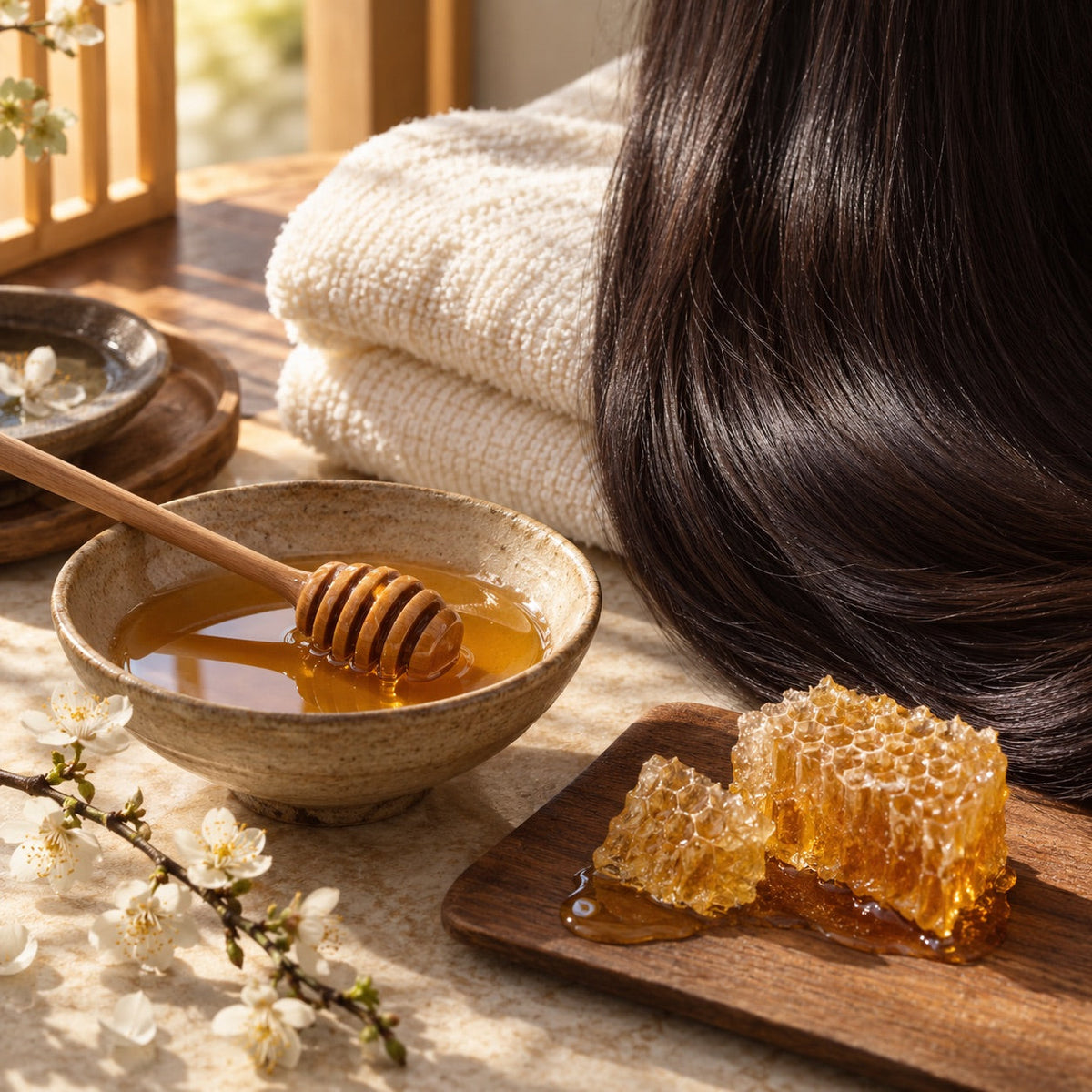 Honey and glossy hair in a warm editorial still life for a guide to choosing shampoo.
