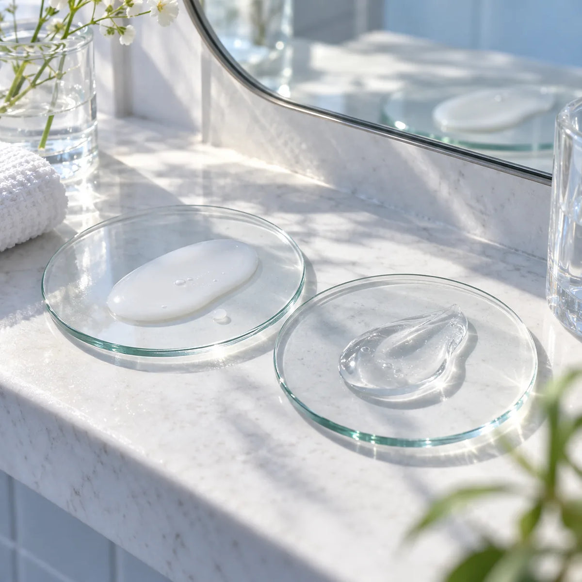 Two unbranded sunscreen textures, a watery essence and clear gel, shown in a clean editorial skincare still life