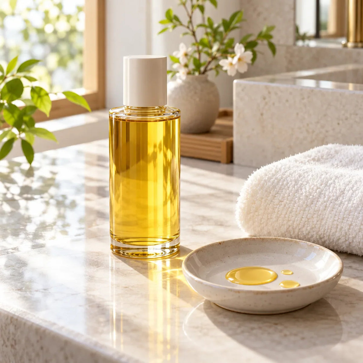 Unbranded cleansing oil and oil drops on a bathroom vanity