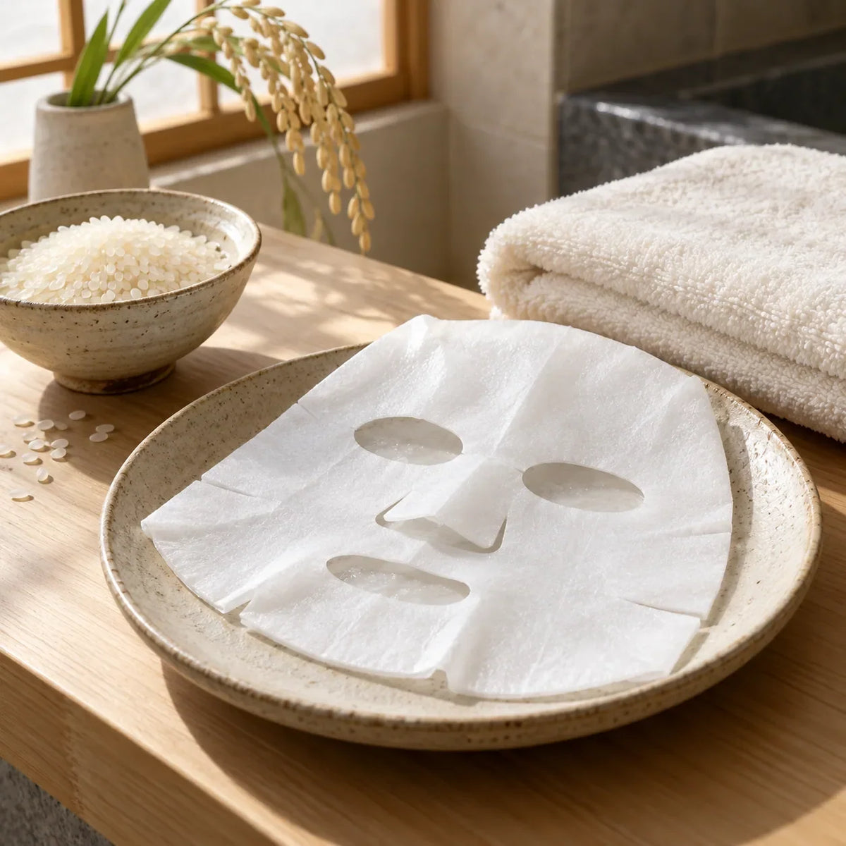 White sheet mask on a ceramic dish beside rice and a towel