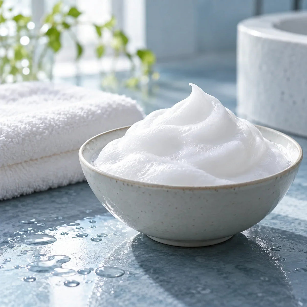 White cleansing foam in a ceramic bowl beside a towel on a blue bathroom counter