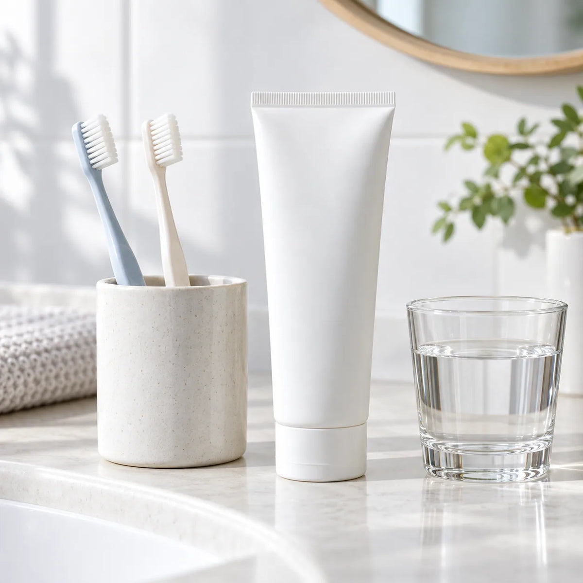 Two toothbrushes and an unbranded toothpaste tube on a light bathroom vanity