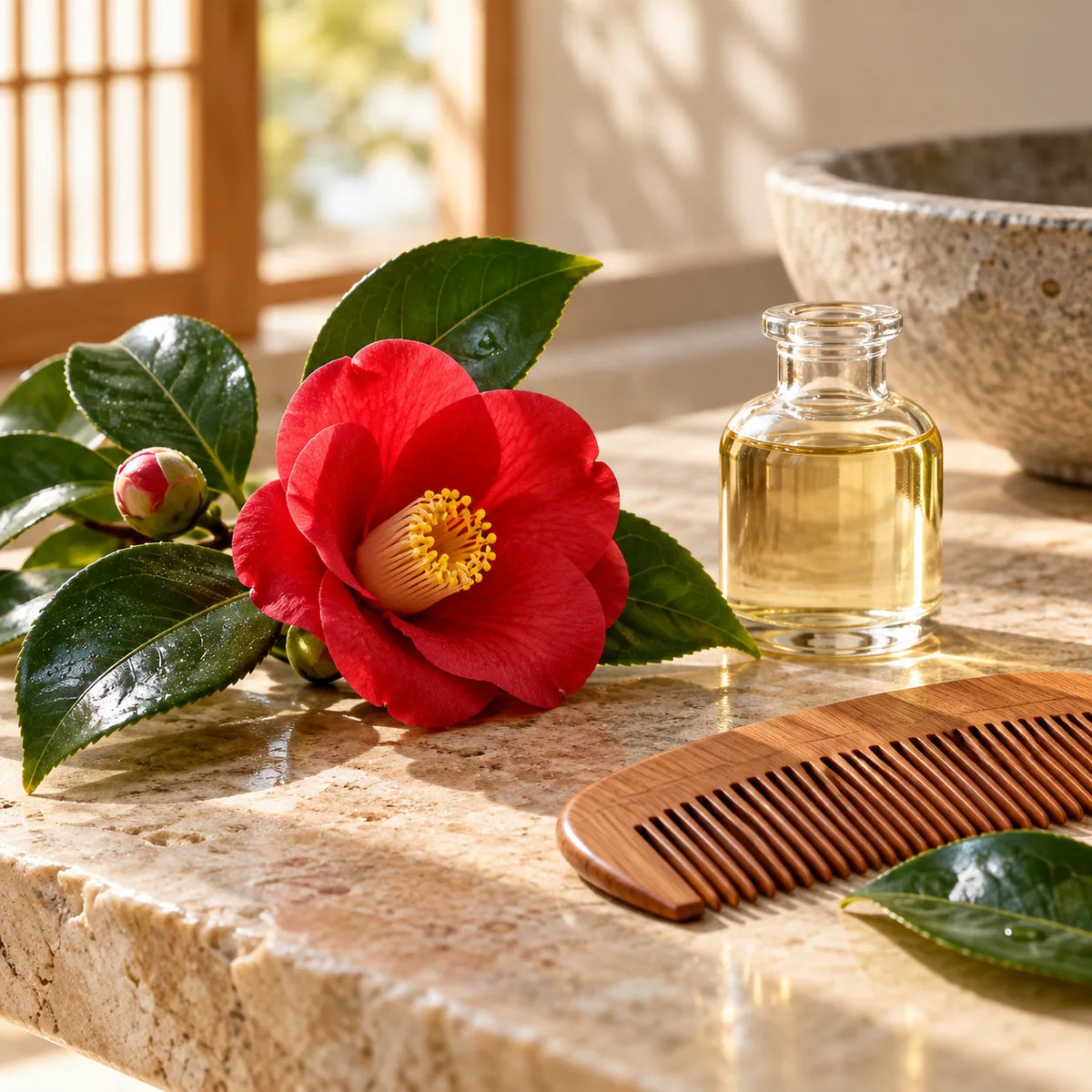 Red camellia, hair comb and a glass oil bottle on a stone surface