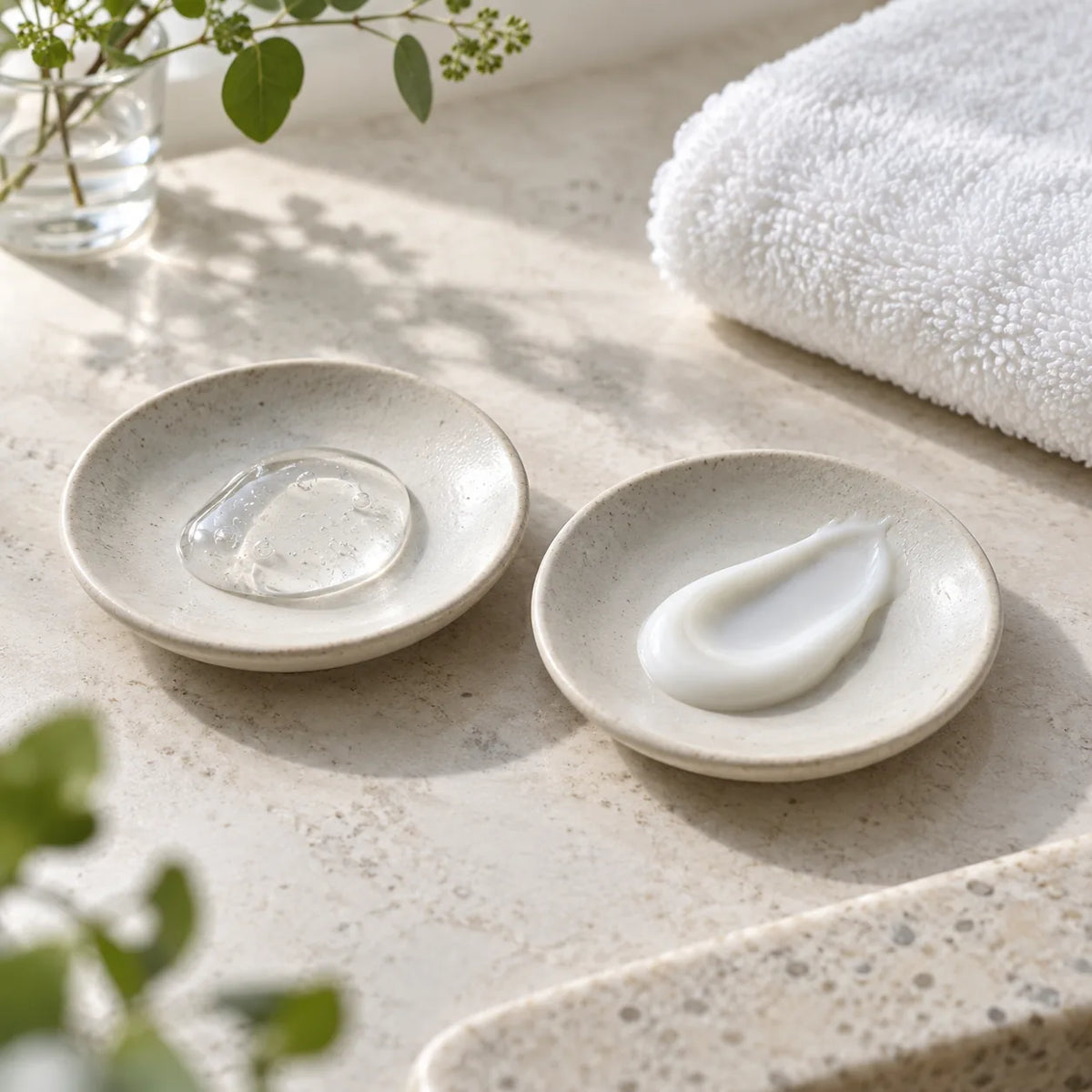A clear gel drop and milky lotion shown side by side on neutral ceramic dishes