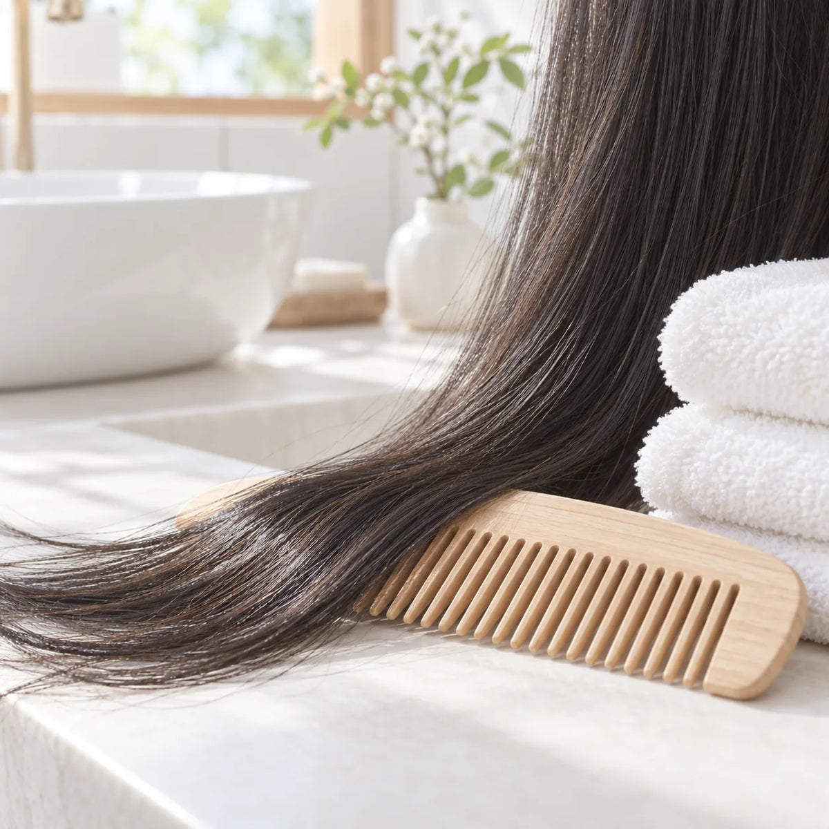 Fine hair draped beside a wooden comb in a bright bathroom.