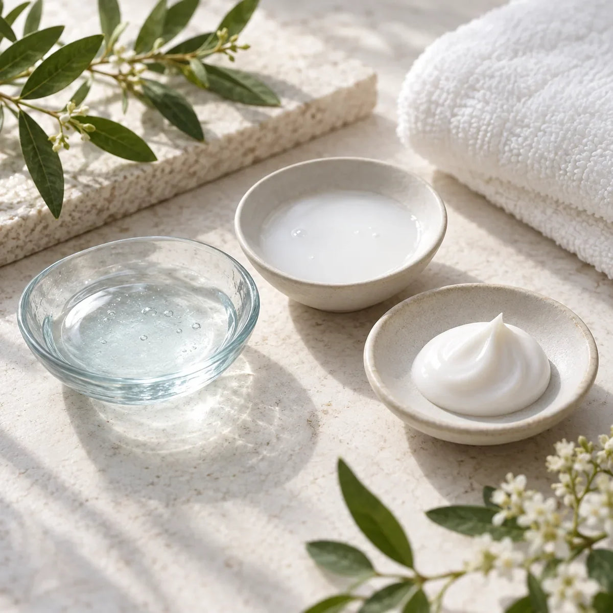 Watery lotion, milky emulsion and cream textures arranged with a folded towel