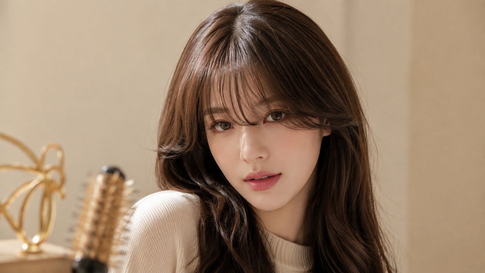 Woman wearing soft see-through bangs and long face-framing layers