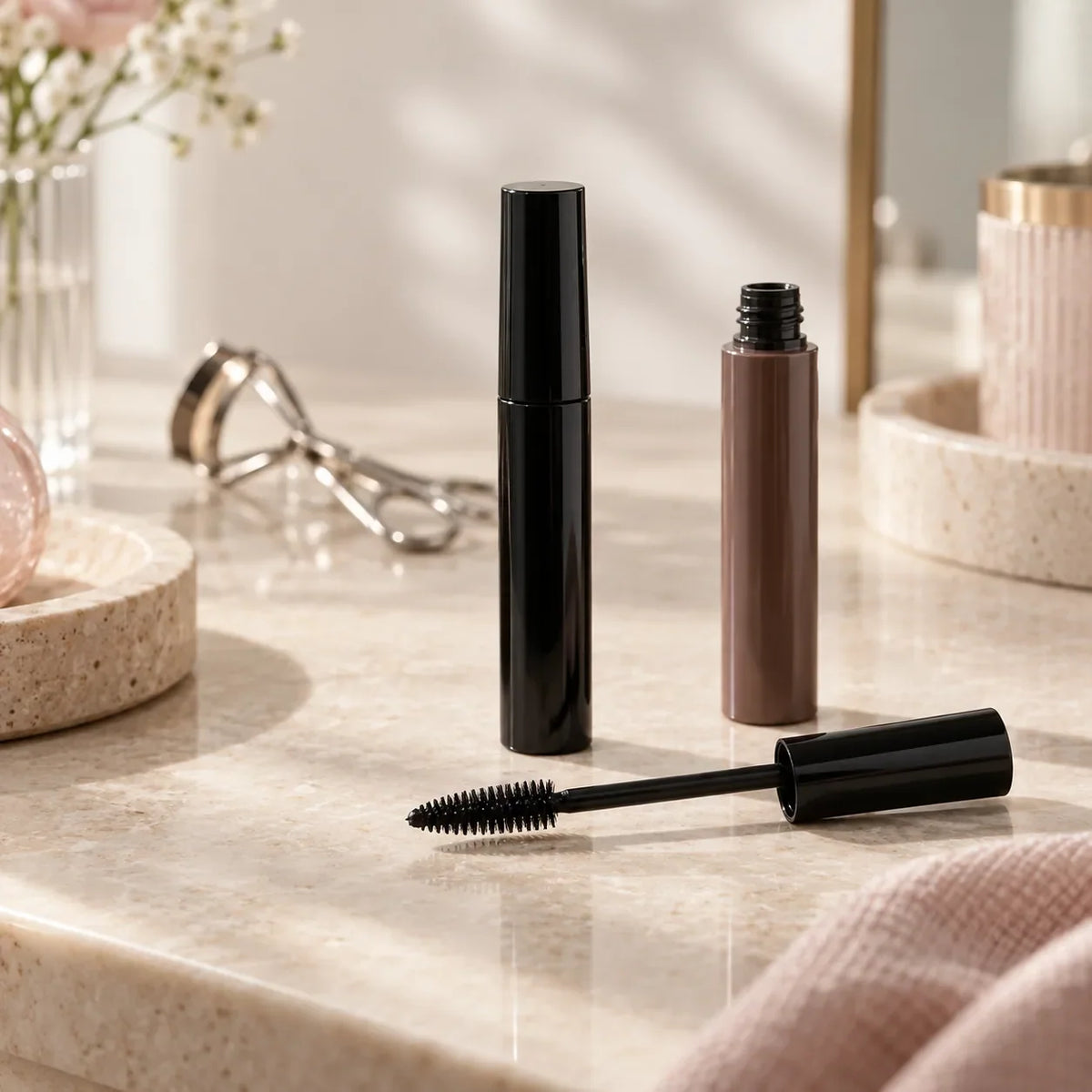 Black and brown mascara tubes with a mascara wand on a pale stone vanity