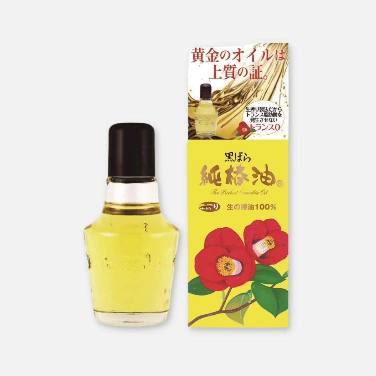 Kurobara Pure Tsubaki Hair Oil with its camellia packaging