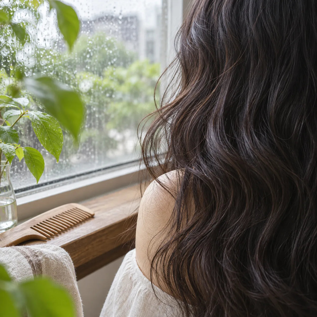 Dark wavy hair beside a rain-speckled window, illustrating humid-weather hair care.