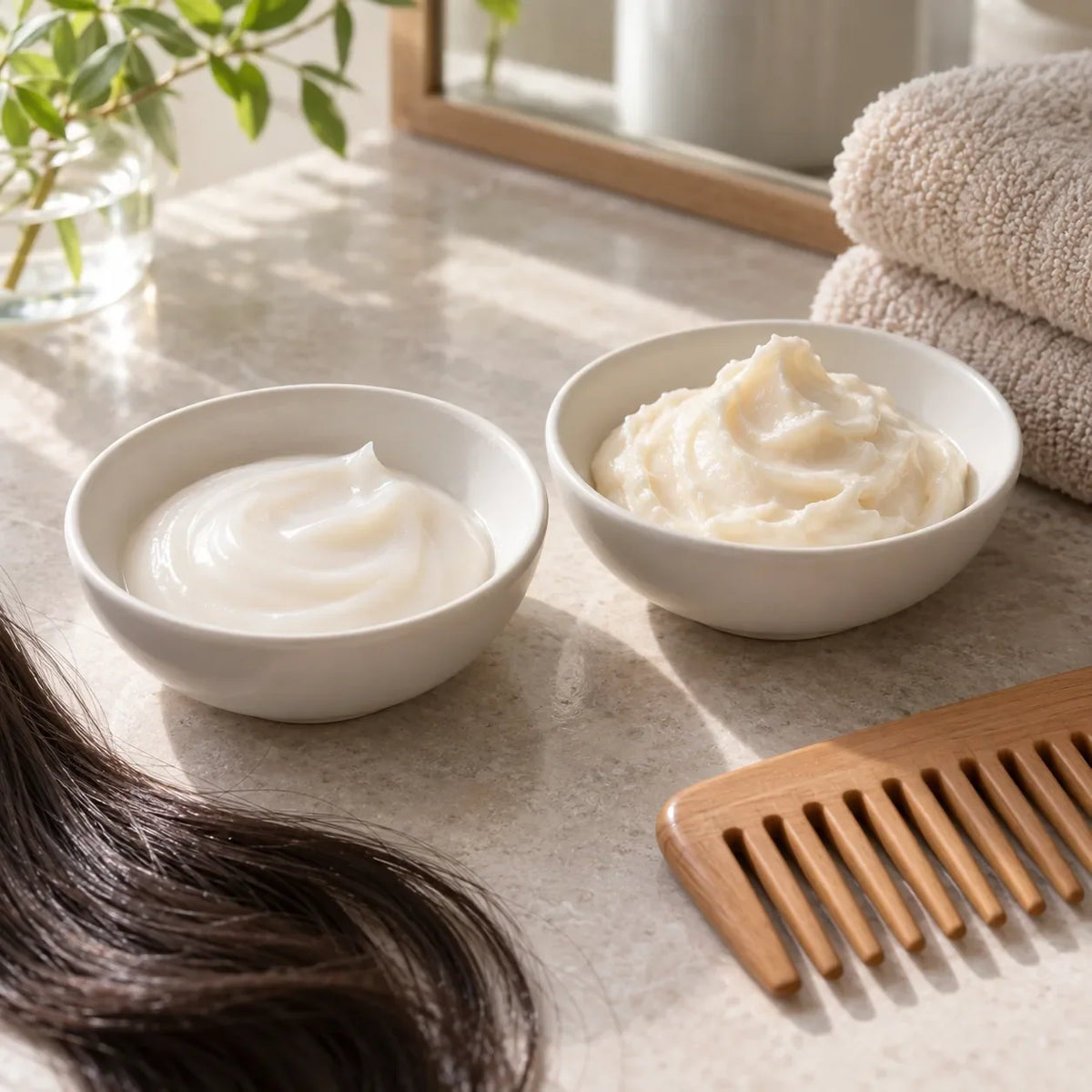 A light conditioner and richer hair treatment beside a comb on a softly lit vanity