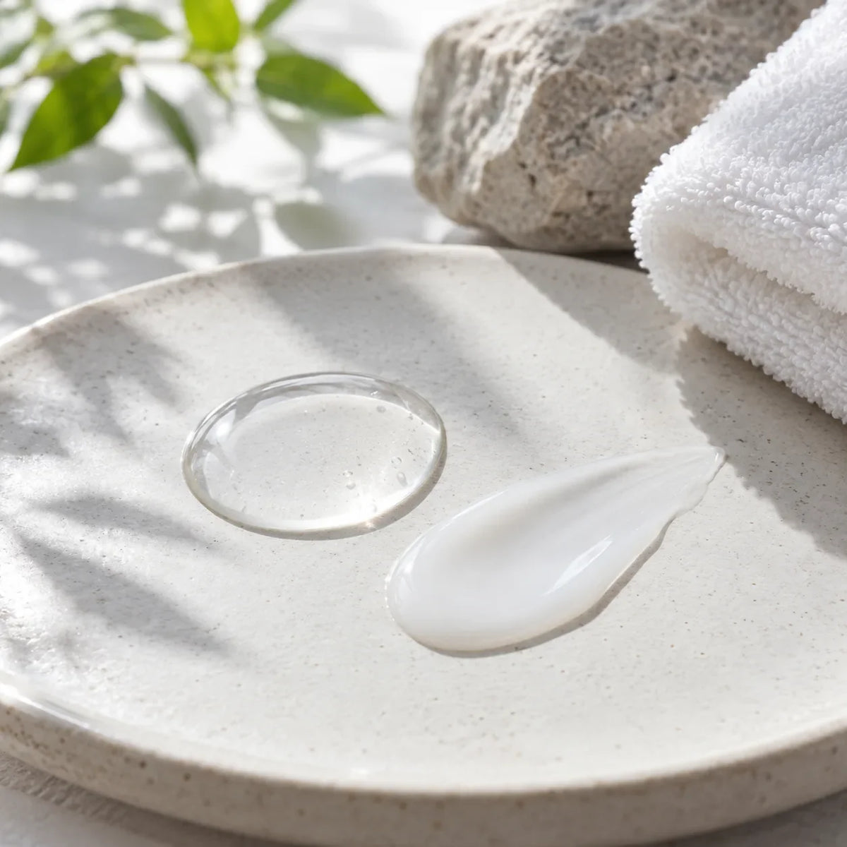 Clear liquid drop and milky lotion texture on a pale ceramic surface