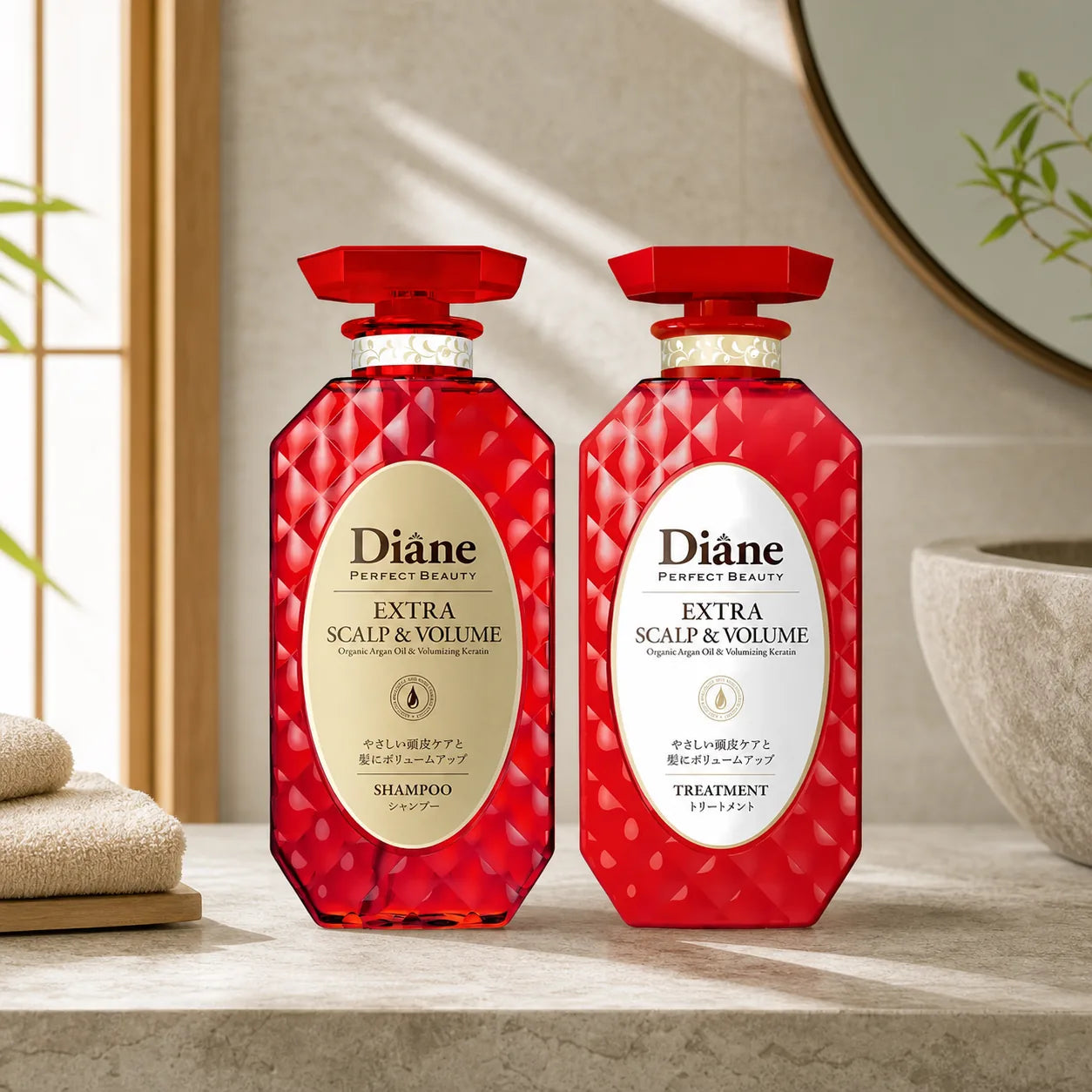 Diane Extra Scalp and Volume shampoo and treatment in a calm bathroom editorial scene