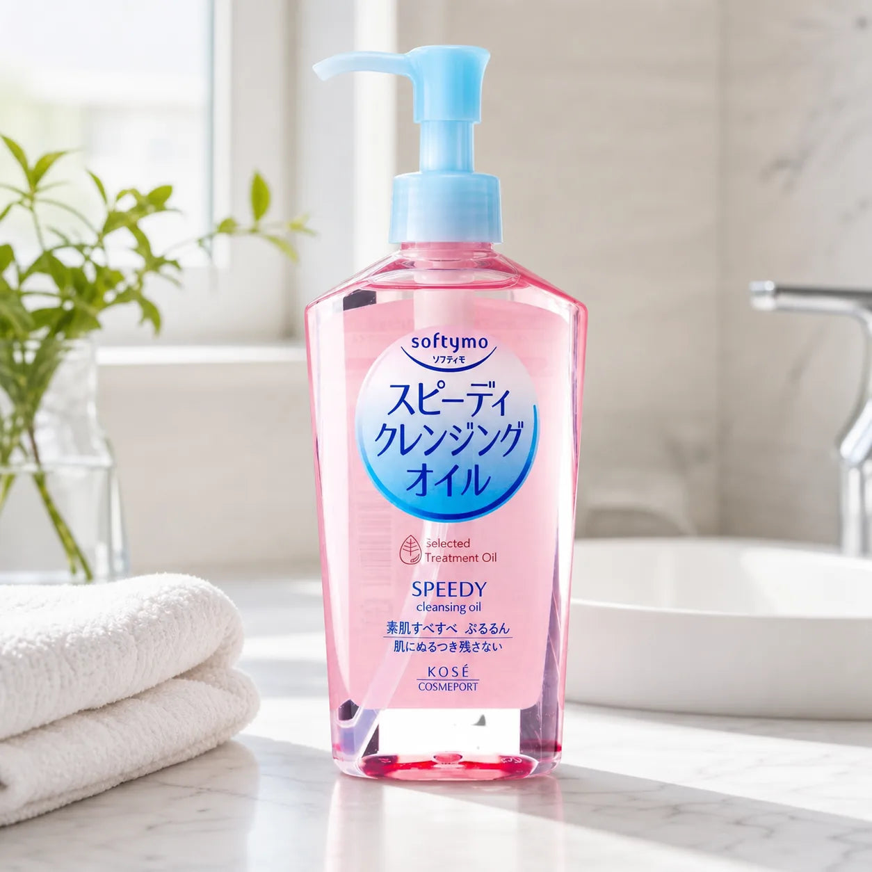Kose Softymo Speedy Cleansing Oil in a bright bathroom editorial scene