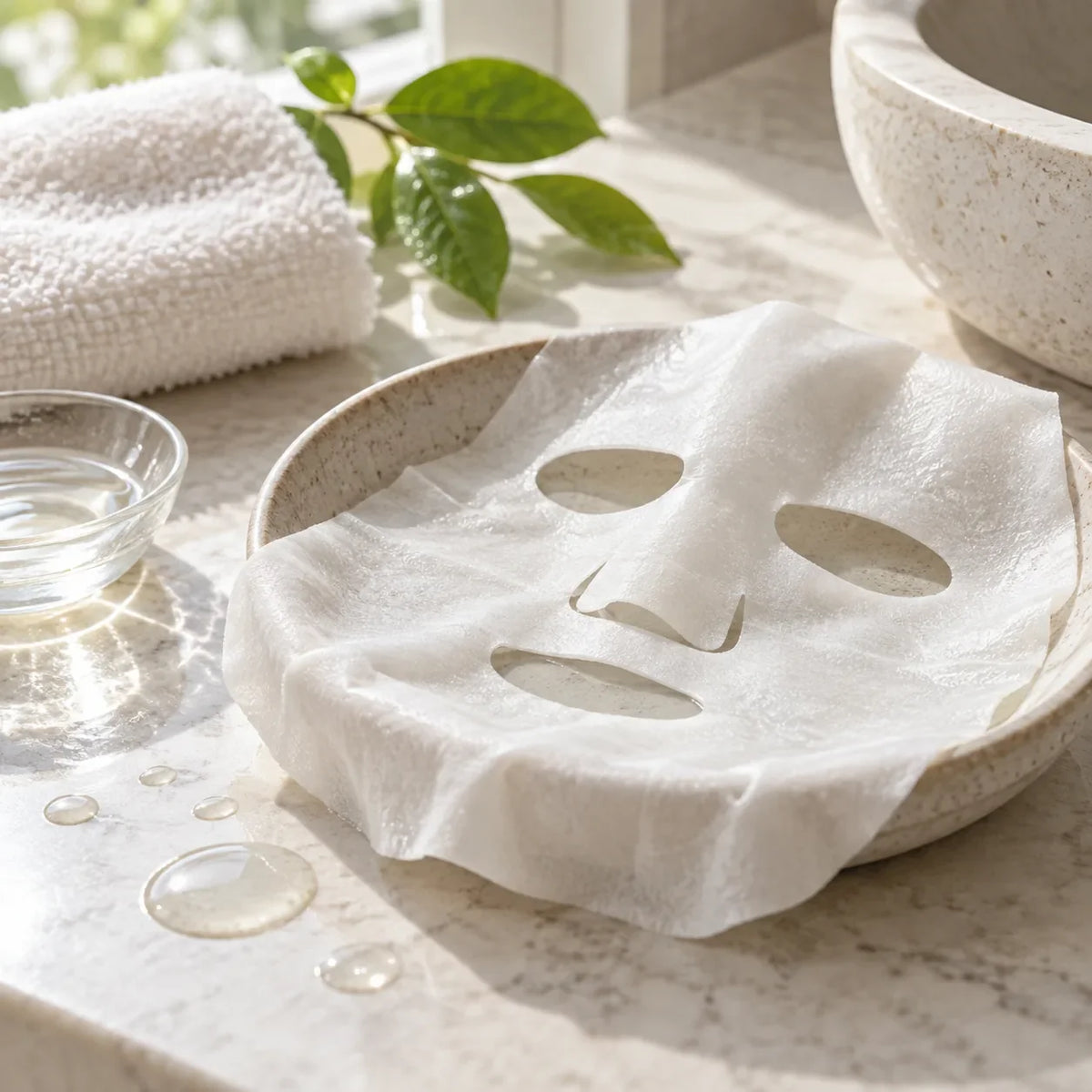 Folded sheet mask on a pale stone vanity in soft morning light