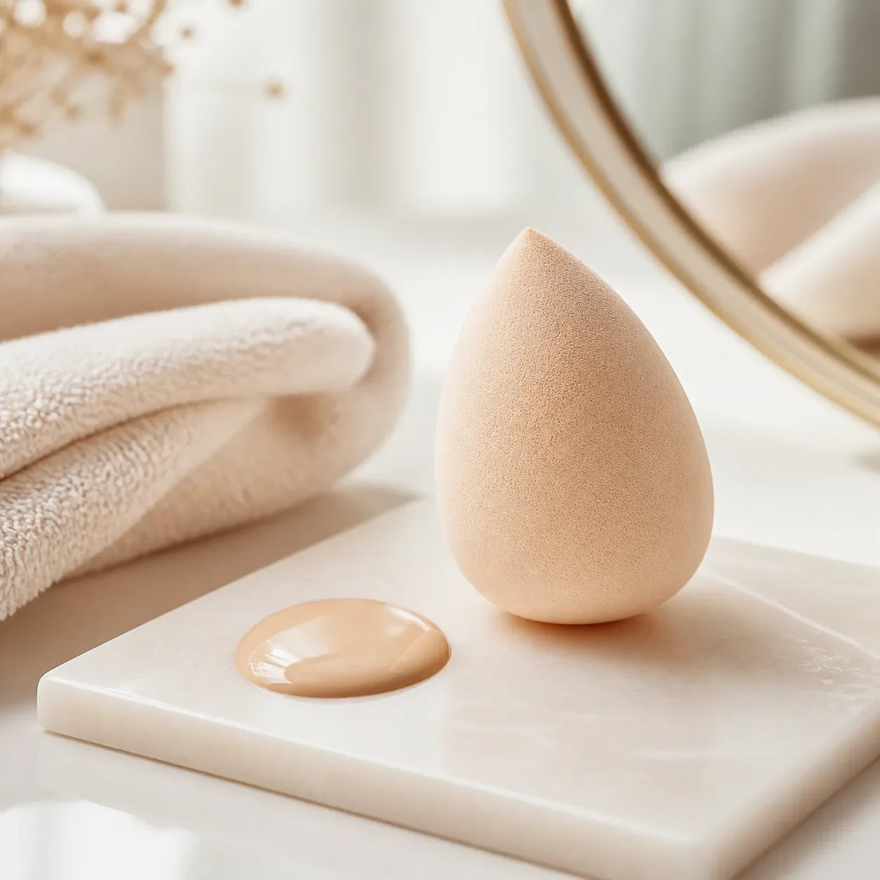 Makeup sponge beside liquid foundation on a bright beauty vanity