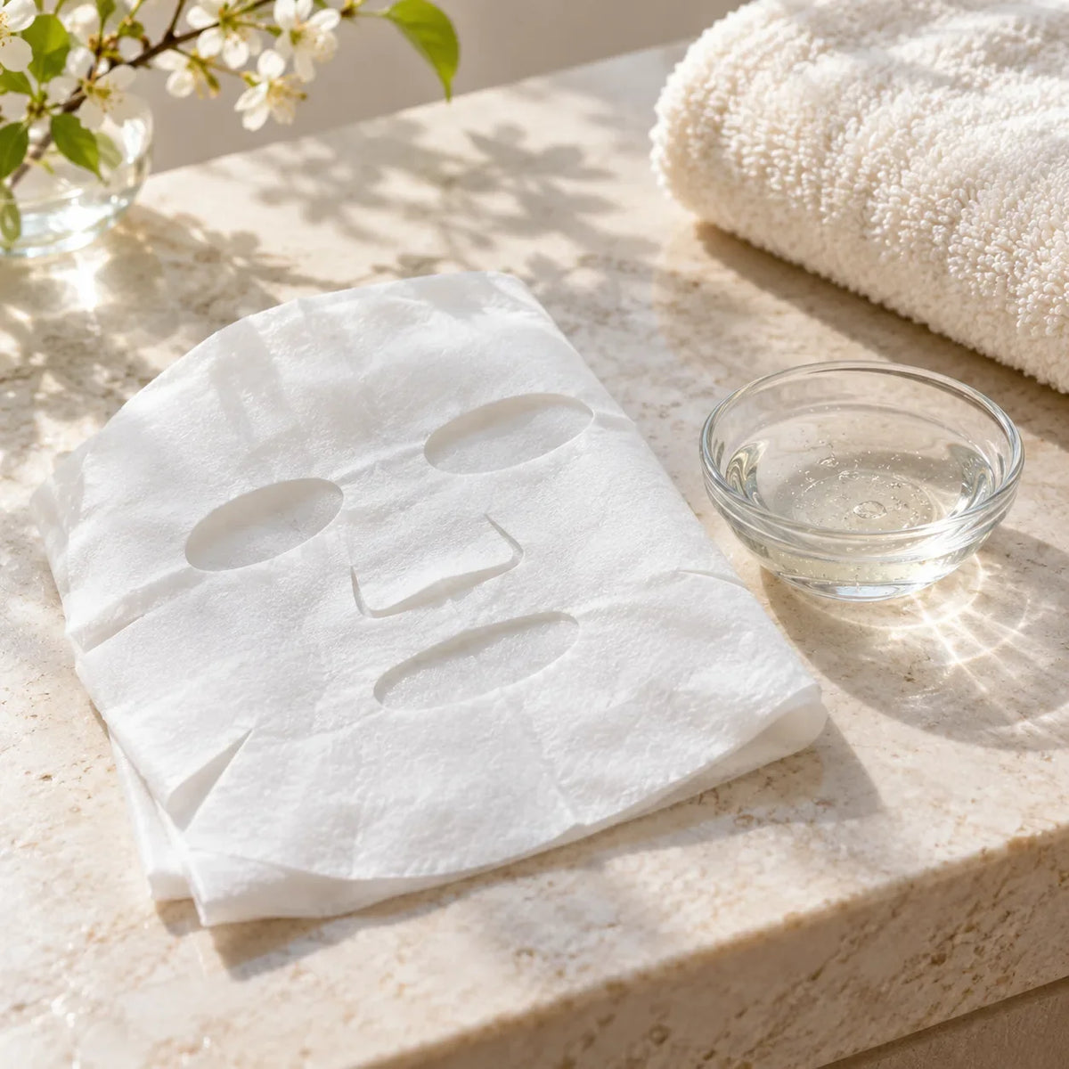 Folded Japanese-style sheet mask beside clear essence and a soft towel