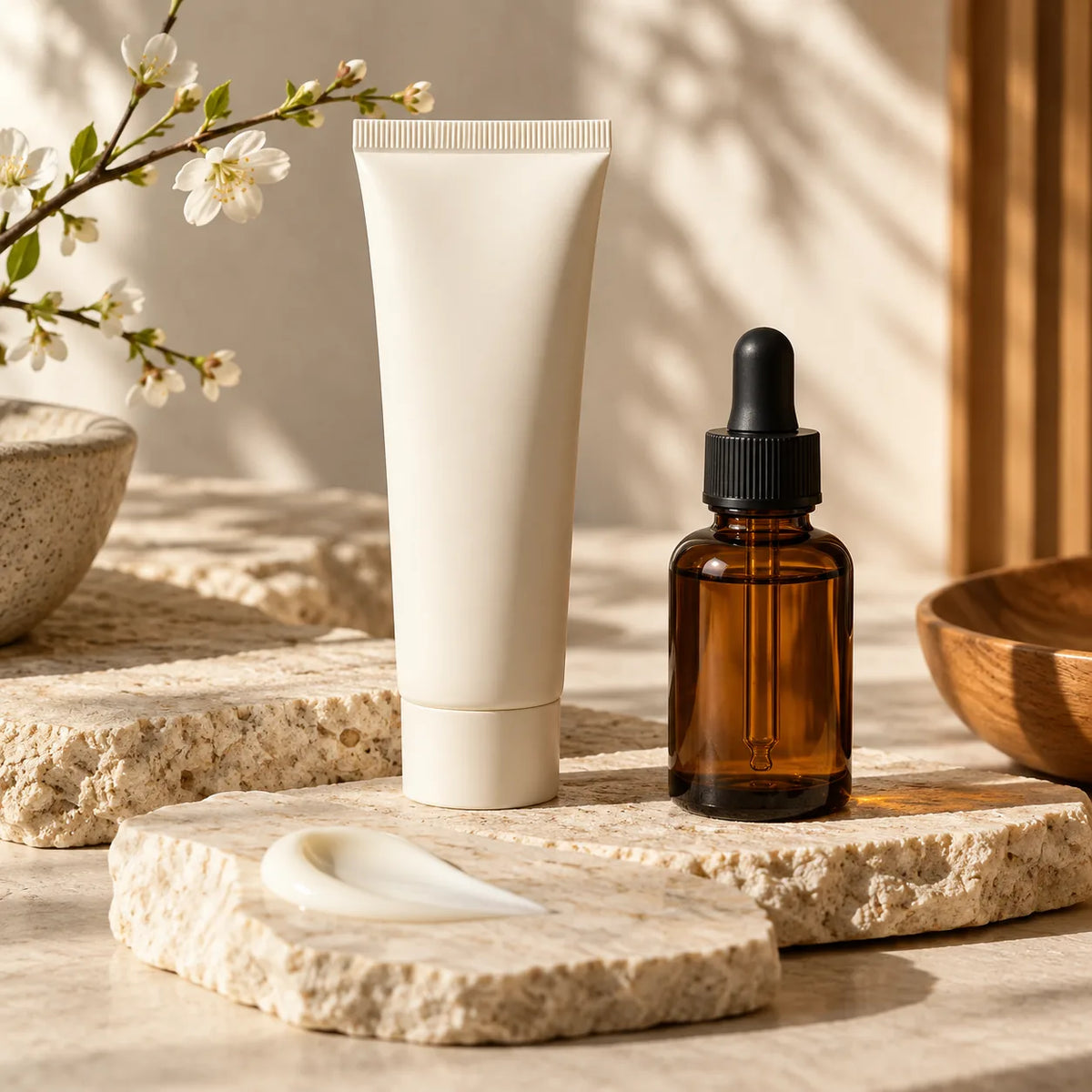 Unbranded skincare tube and amber dropper bottle illustrating retinol skincare