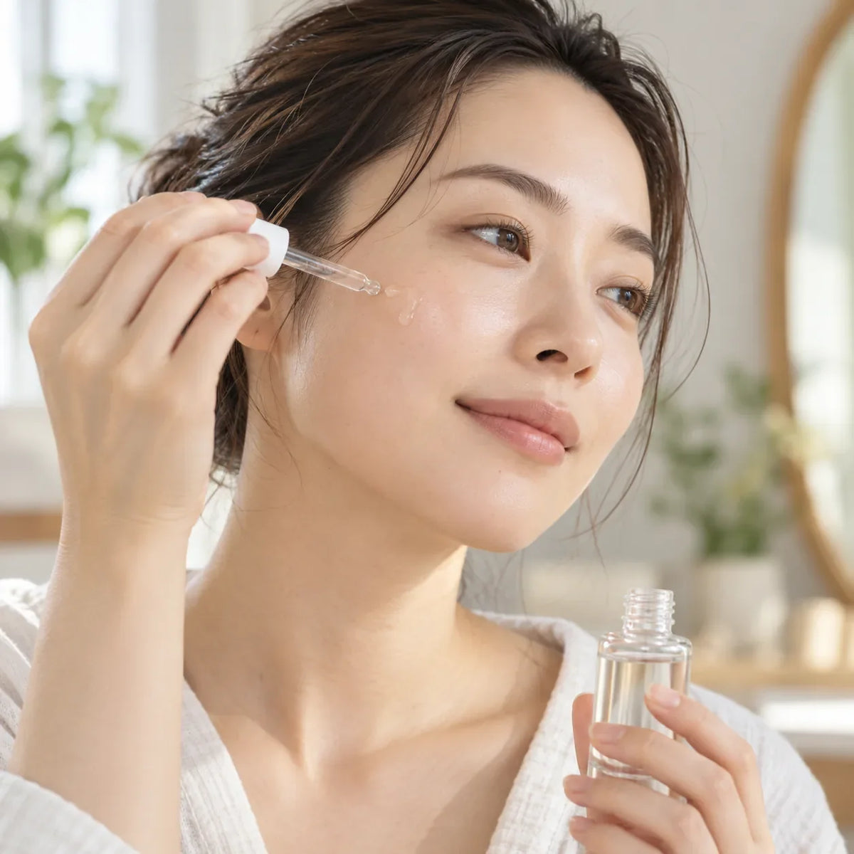 Woman applying a clear serum as an illustration of tranexamic-acid skincare
