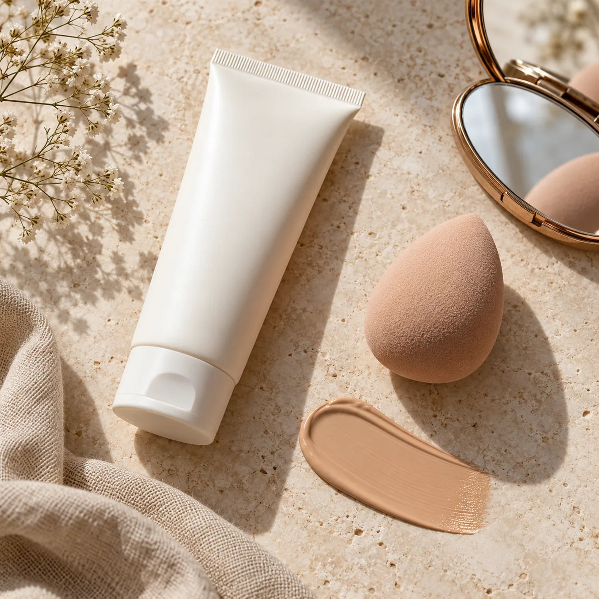 Unbranded sunscreen tube and makeup tools arranged for a layering guide