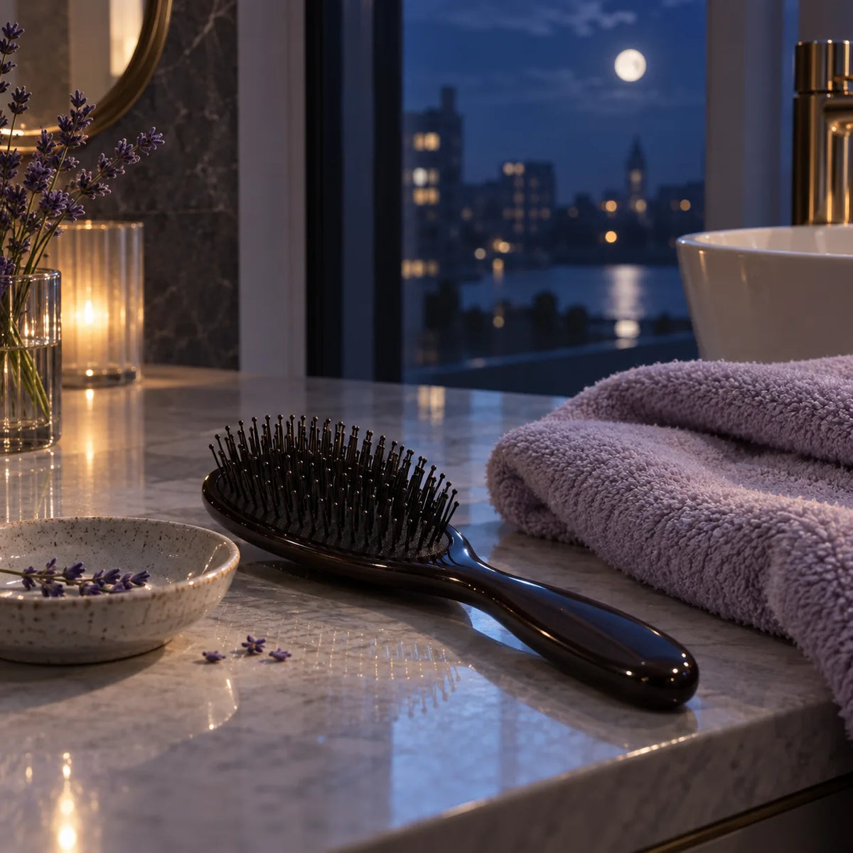 A moonlit night-time hair-care setting with a brush and lavender.