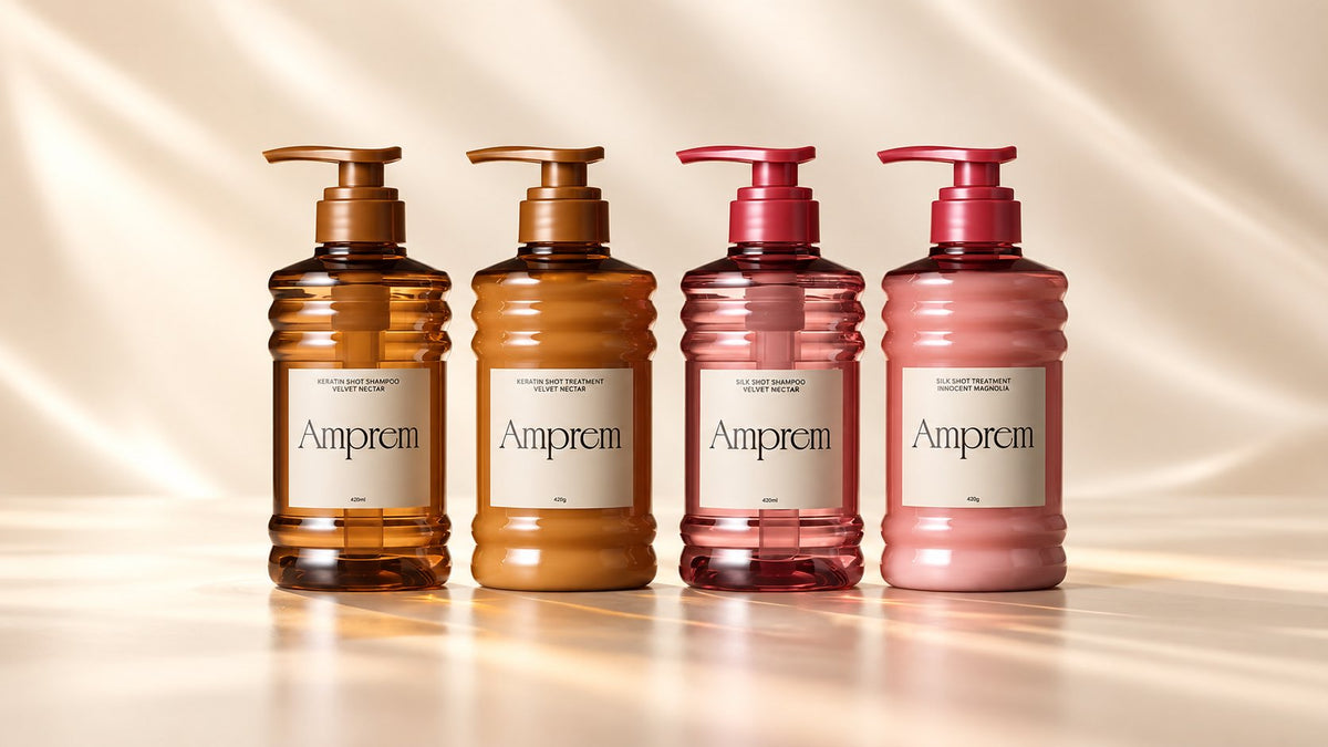 Amprem Keratin Shot and Silk Shot shampoo and treatment collection hero