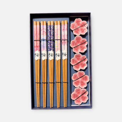 Japanese Wooden Chopsticks and Rest (5-Piece Set)
