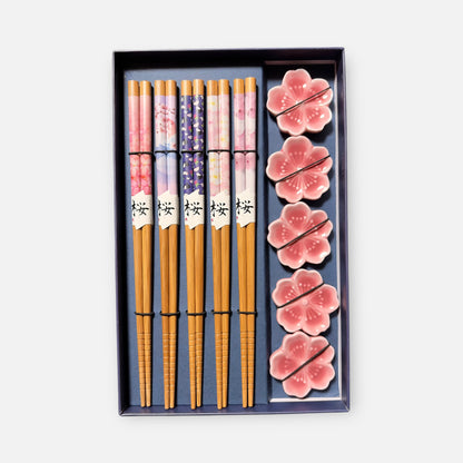 Japanese Wooden Chopsticks and Rest (5-Piece Set)