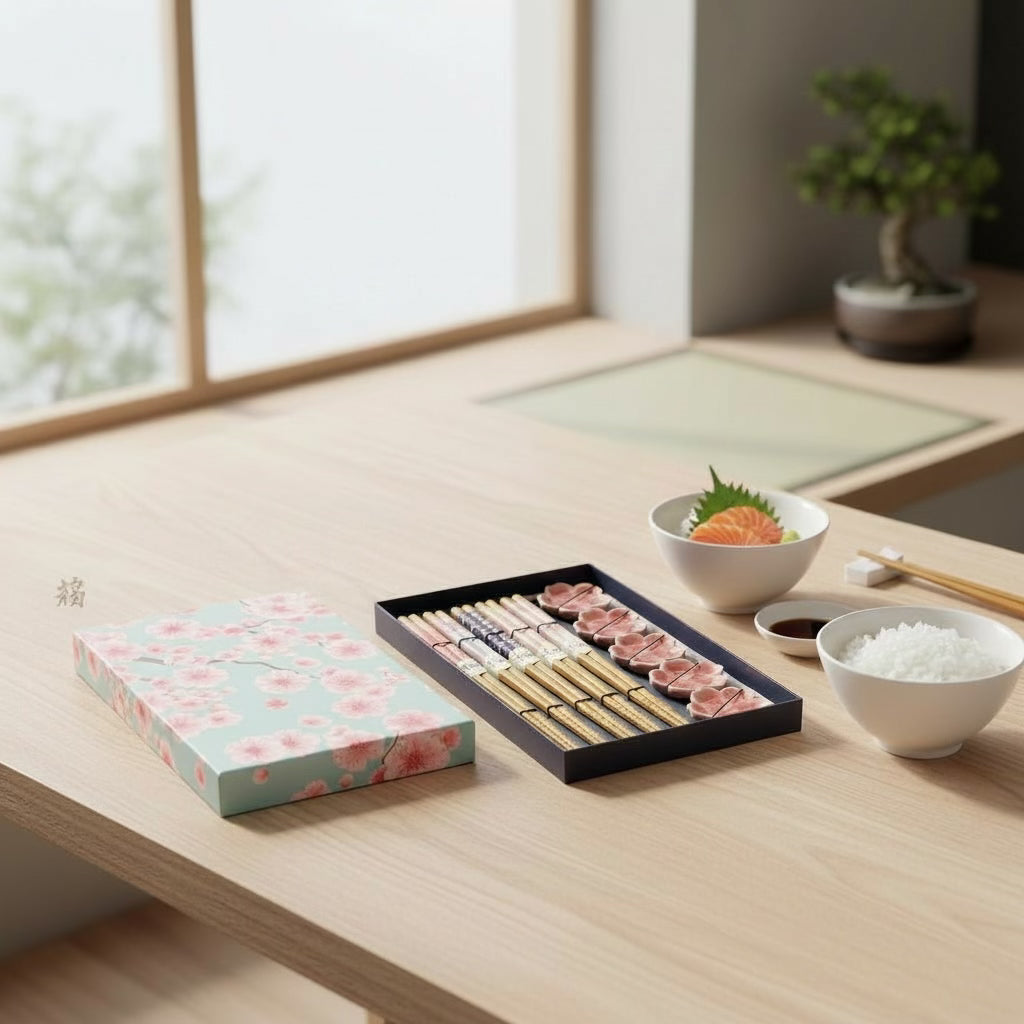 Japanese Wooden Chopsticks and Rest (5-Piece Set)