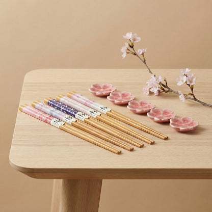 Japanese Wooden Chopsticks and Rest (5-Piece Set)